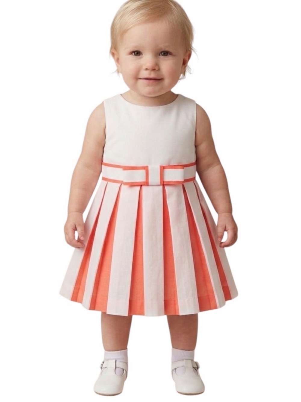 Jacadi Paris Girls Pleated Ceremony Dress - White & Coral - 18 months